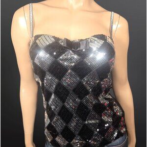 Y2K Sequin Tank Top With bow Size M Black Silver Diamond Pattern Mcbling 2000s